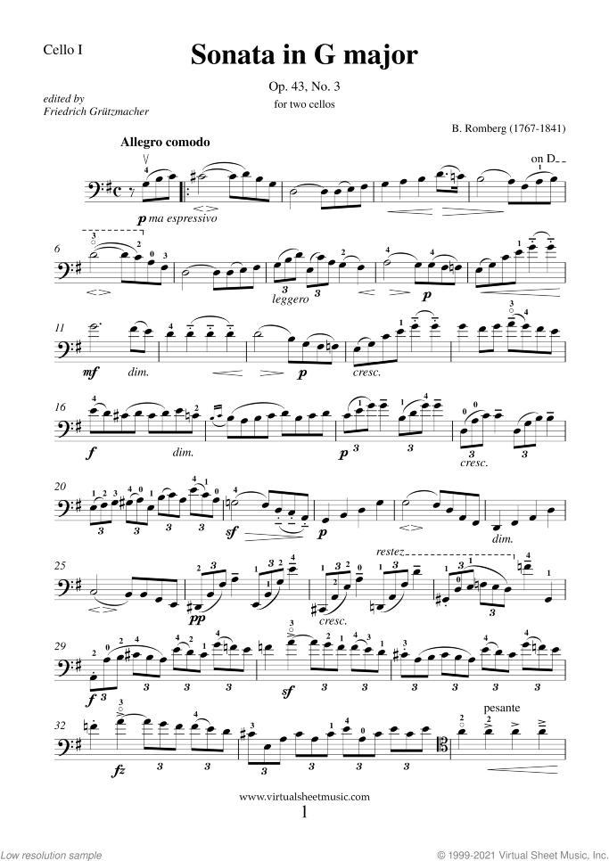 Sonata in B flat major Op.43 No.3 sheet music for two cellos by Bernhard Romberg, classical score, intermediate duet