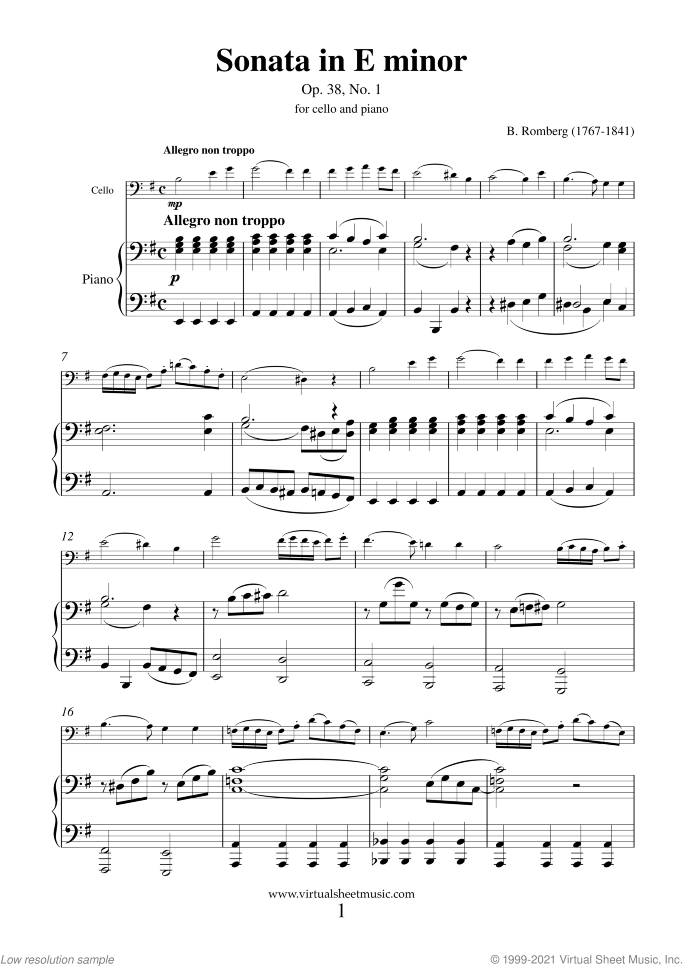 Sonata in E minor Op.38 No.1 sheet music for cello and piano by Bernhard Romberg, classical score, intermediate skill level