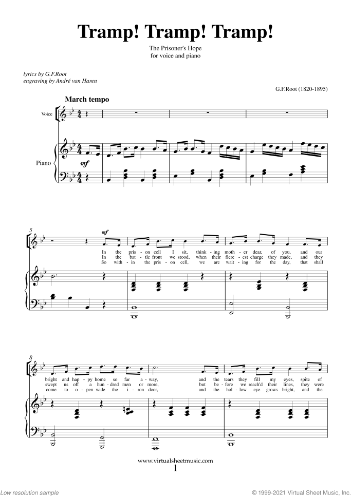 Tramp! Tramp! Tramp! sheet music for voice, choir and piano by George Frederick Root, classical score, intermediate skill level