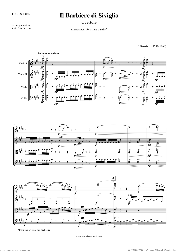 Il Barbiere di Siviglia sheet music for string quartet by Gioacchino Rossini, classical score, intermediate/advanced skill level