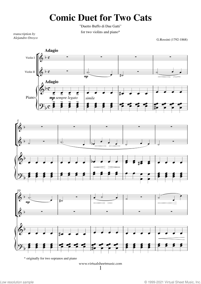 Comic Duet for Two Cats sheet music for two violins and piano by Gioacchino Rossini, classical score, intermediate duet