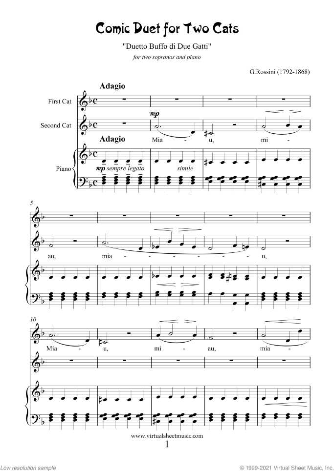 Comic Duet for Two Cats sheet music for two sopranos and piano by Gioacchino Rossini, classical score, intermediate skill level