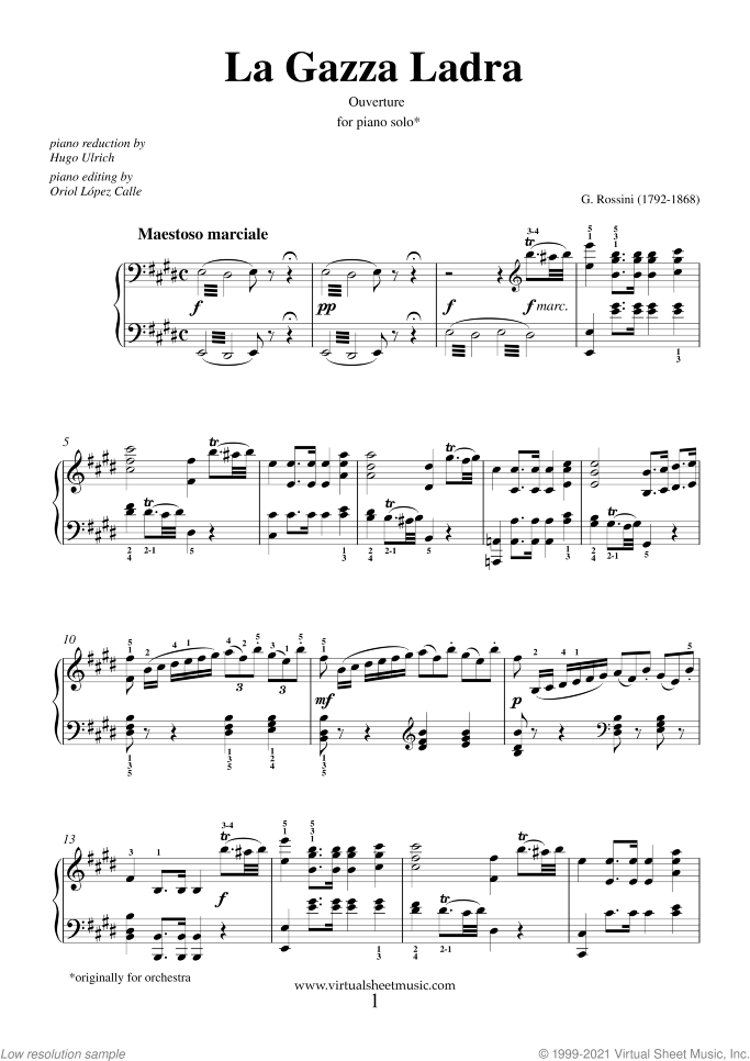La Gazza Ladra (Overture) sheet music for piano solo by Gioacchino Rossini, classical score, intermediate skill level