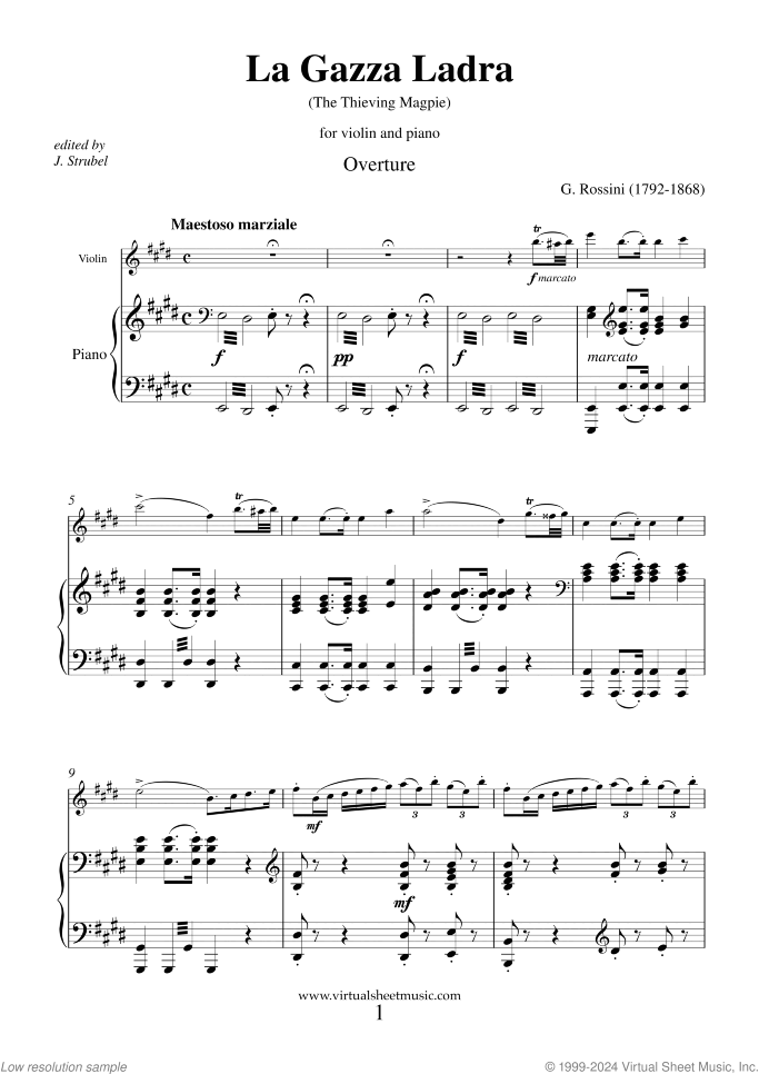 La Gazza Ladra - The Thieving Magpie sheet music for violin and piano by Gioacchino Rossini, classical score, advanced skill level