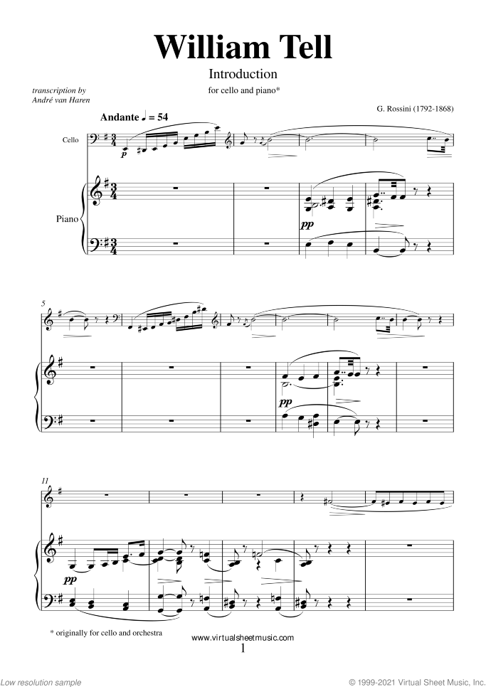 William Tell - Introduction sheet music for cello and piano by Gioacchino Rossini, classical score, intermediate skill level