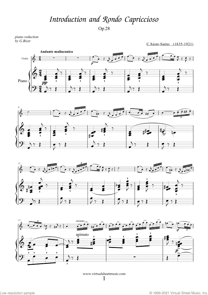 Introduction and Rondo Capriccioso sheet music for violin and piano by Camille Saint-Saens, classical score, advanced skill level