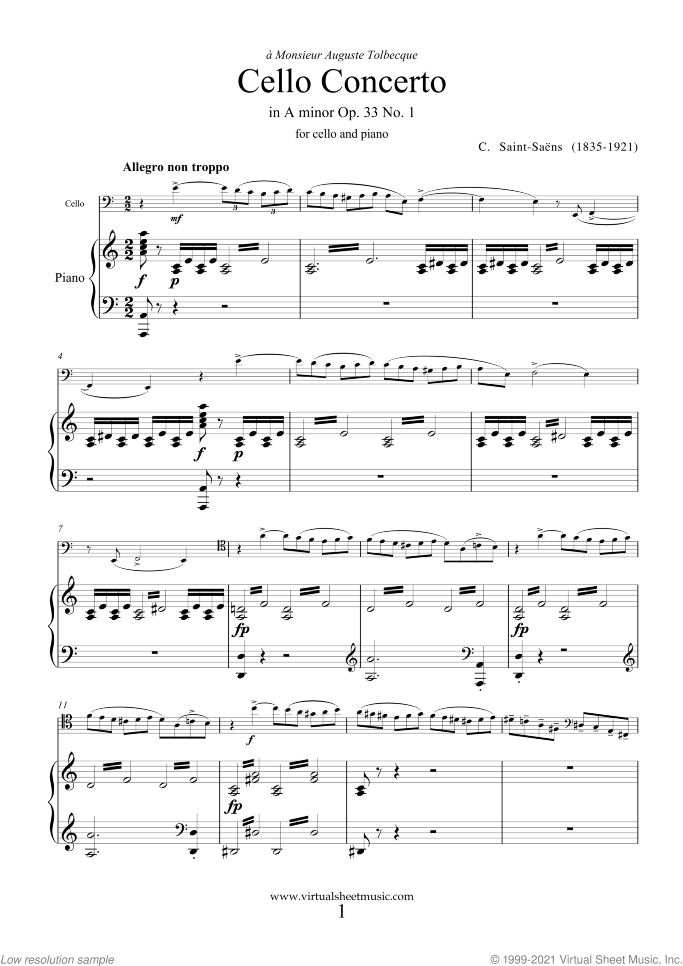 Concerto in A minor Op.33 No.1 sheet music for cello and piano by Camille Saint-Saens, classical score, advanced skill level