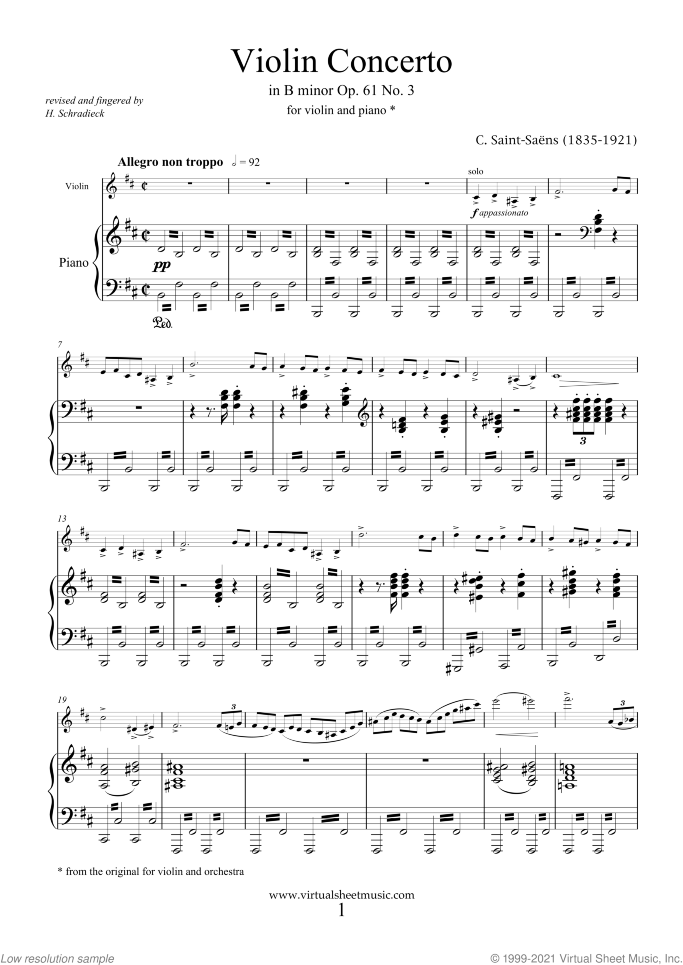 Concerto in B minor Op.61 No.3 sheet music for violin and piano by Camille Saint-Saens, classical score, advanced skill level