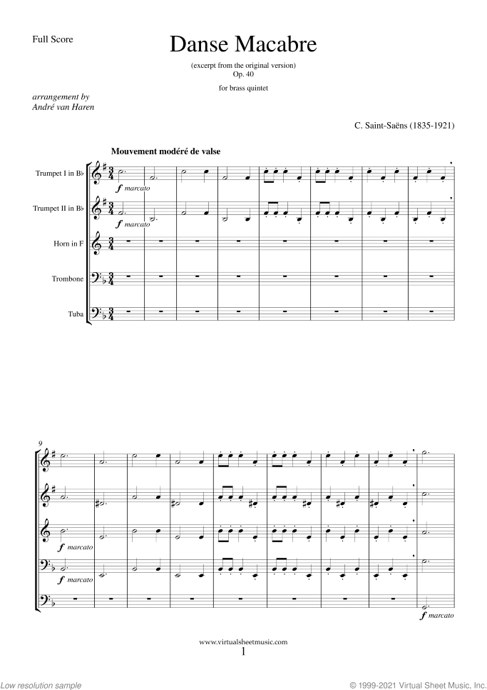 Danse Macabre (COMPLETE) sheet music for brass quintet by Camille Saint-Saens, classical score, intermediate skill level