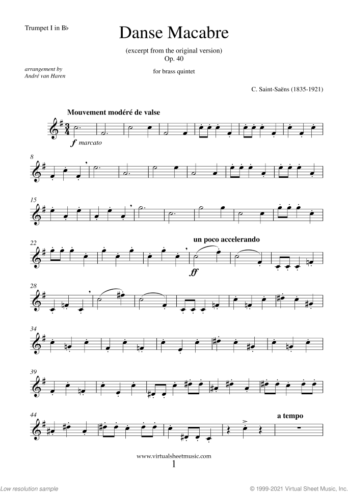 Danse Macabre (parts) sheet music for brass quintet by Camille Saint-Saens, classical score, intermediate skill level