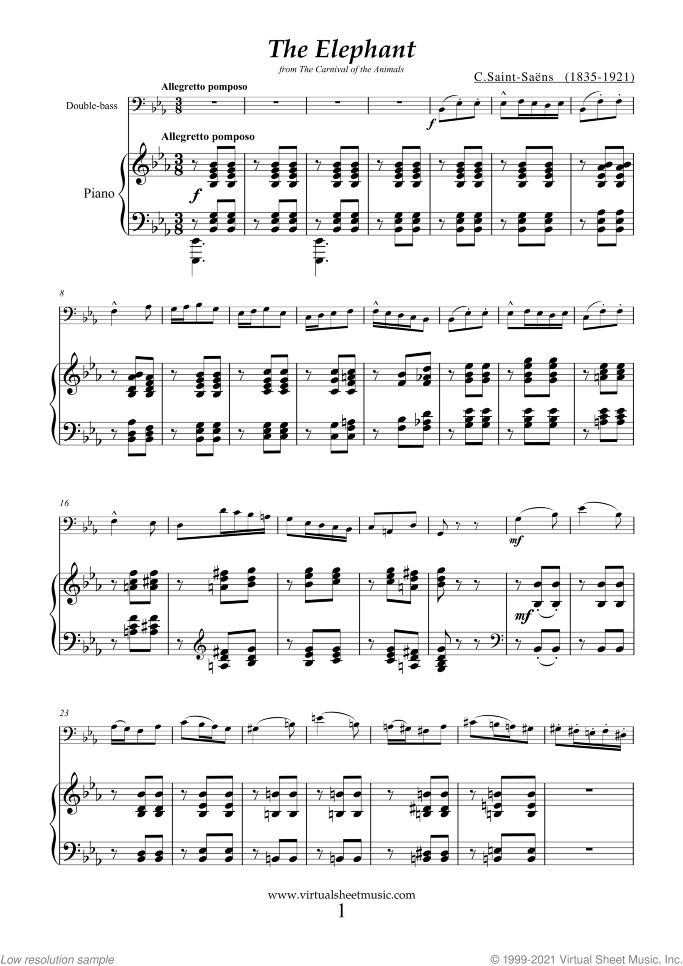 The Elephant sheet music for double-bass and piano by Camille Saint-Saens, classical score, easy skill level