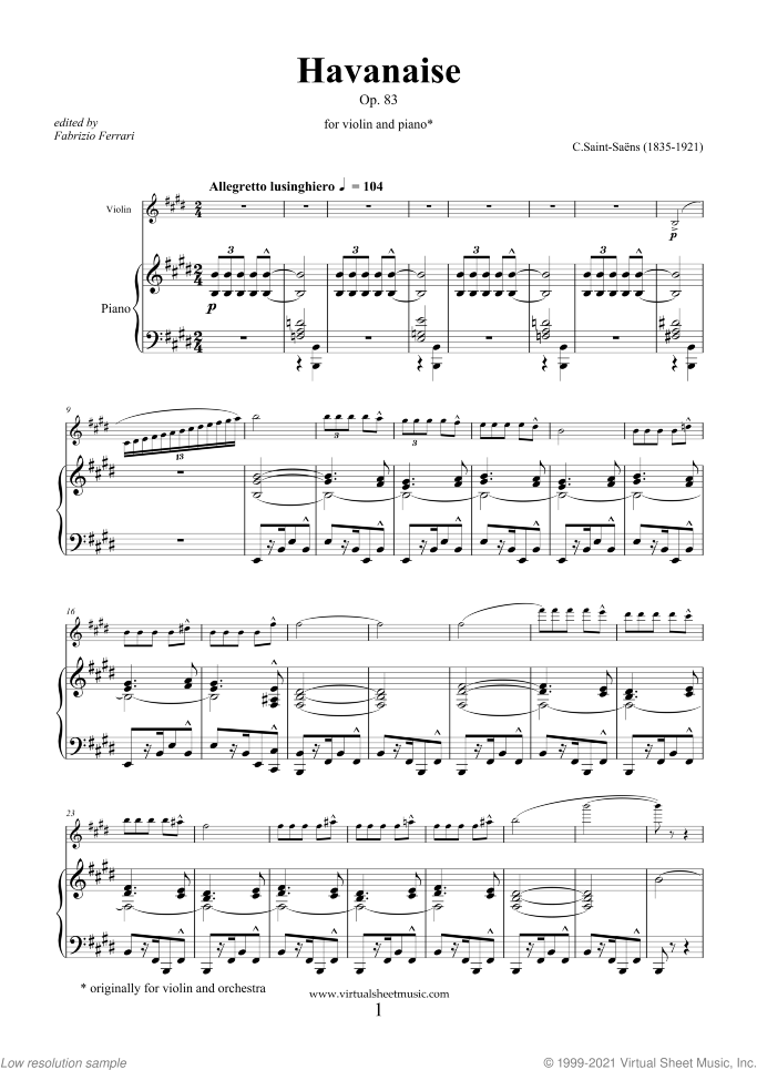 Havanaise Op.83 sheet music for violin and piano by Camille Saint-Saens, classical score, advanced skill level
