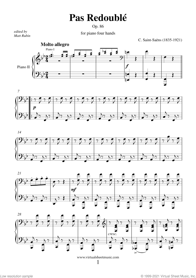 Pas Redouble Op.86 sheet music for piano four hands by Camille Saint-Saens, classical score, intermediate skill level