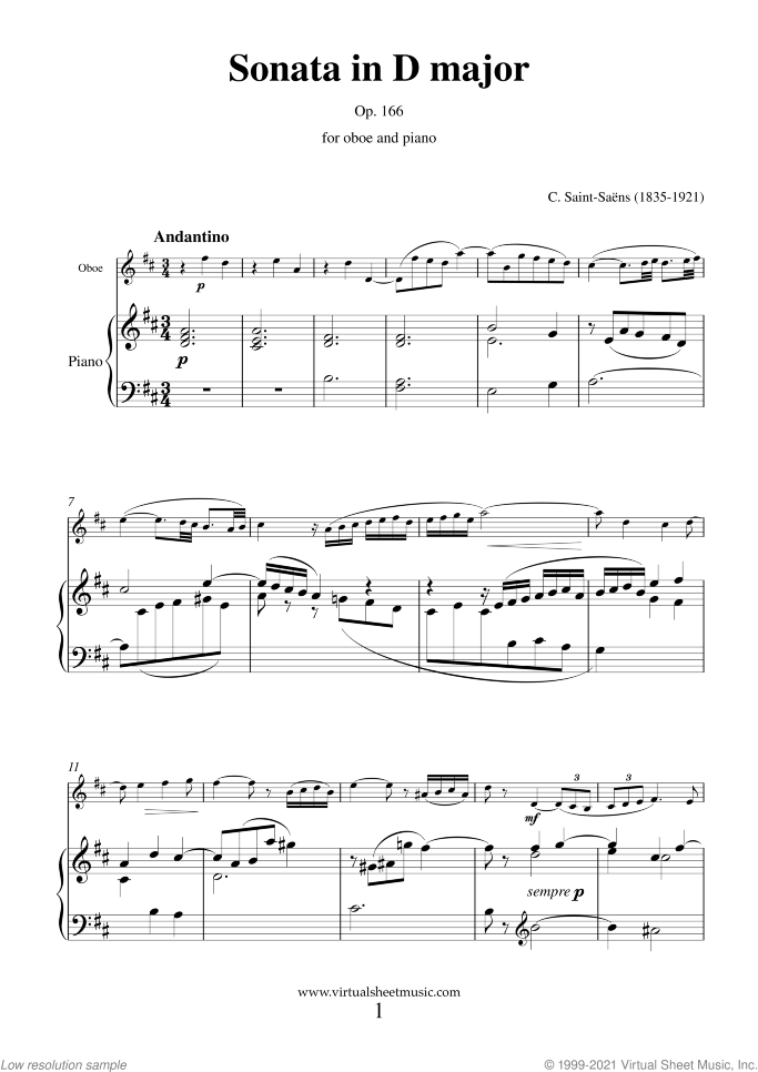 Sonata in D major Op.166 sheet music for oboe and piano by Camille Saint-Saens, classical score, advanced skill level