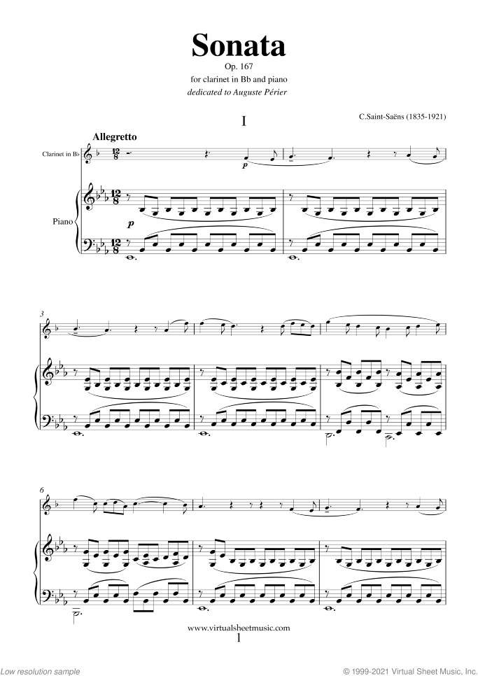 Sonata in E flat major Op. 167 sheet music for clarinet and piano by Camille Saint-Saens, classical score, intermediate/advanced skill level