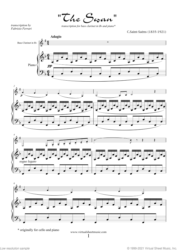 The Swan sheet music for bass clarinet and piano by Camille Saint-Saens, classical score, easy/intermediate skill level