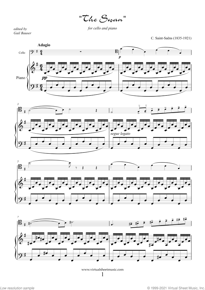The Swan (New Edition) sheet music for cello and piano by Camille Saint-Saens, classical score, intermediate skill level