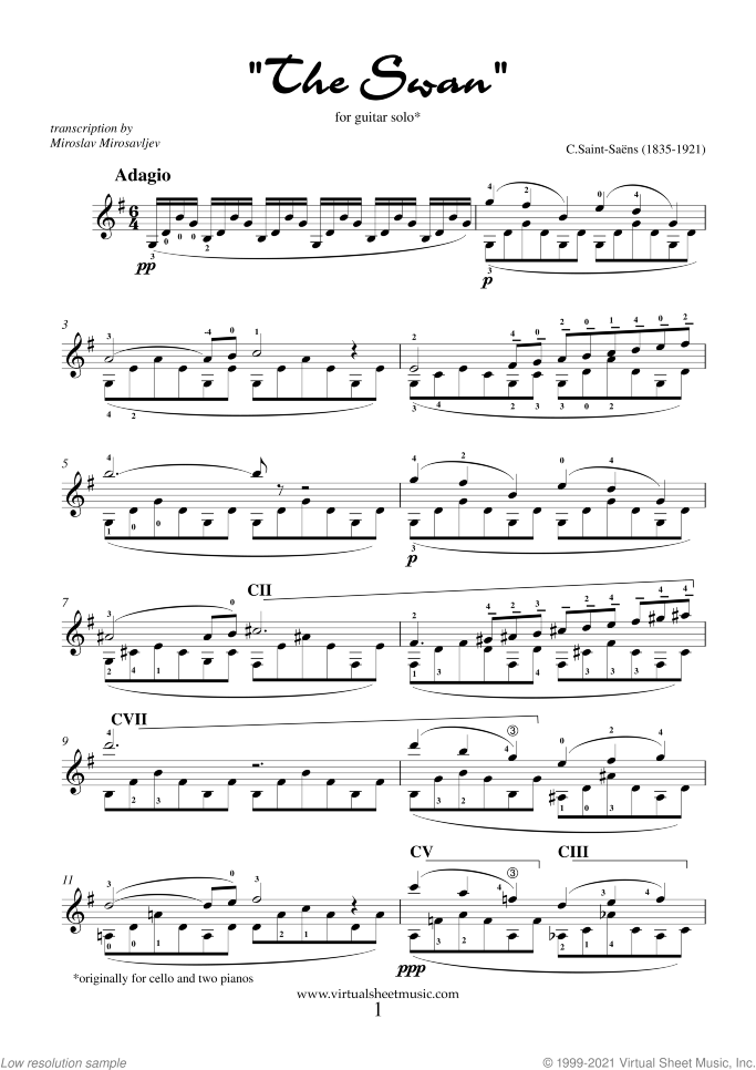 The Swan sheet music for guitar solo (PDF-interactive)