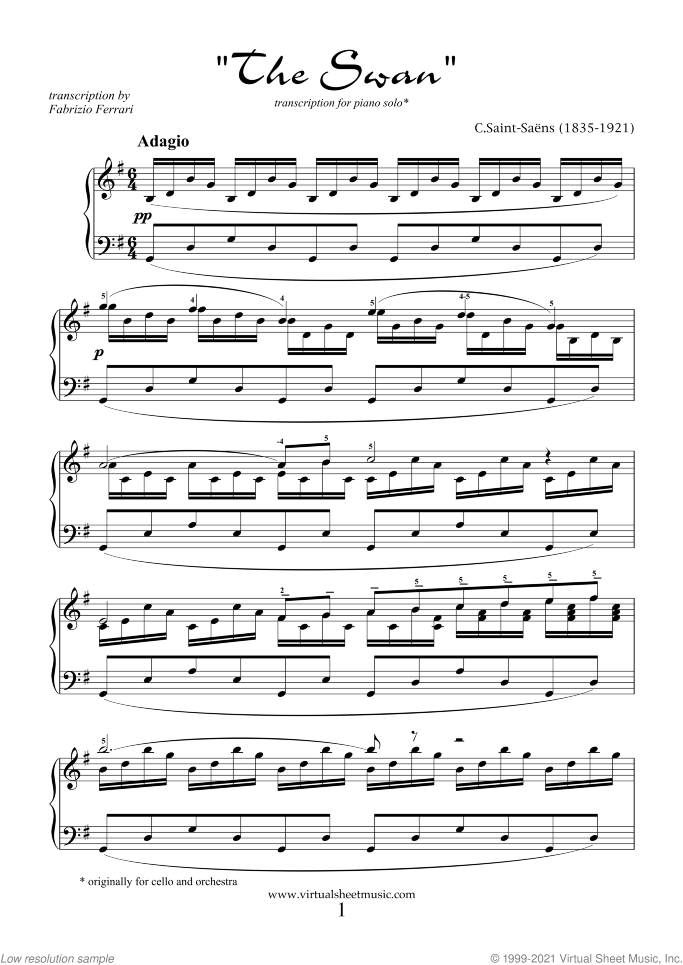 The Swan sheet music for piano solo by Camille Saint-Saens, classical score, intermediate skill level