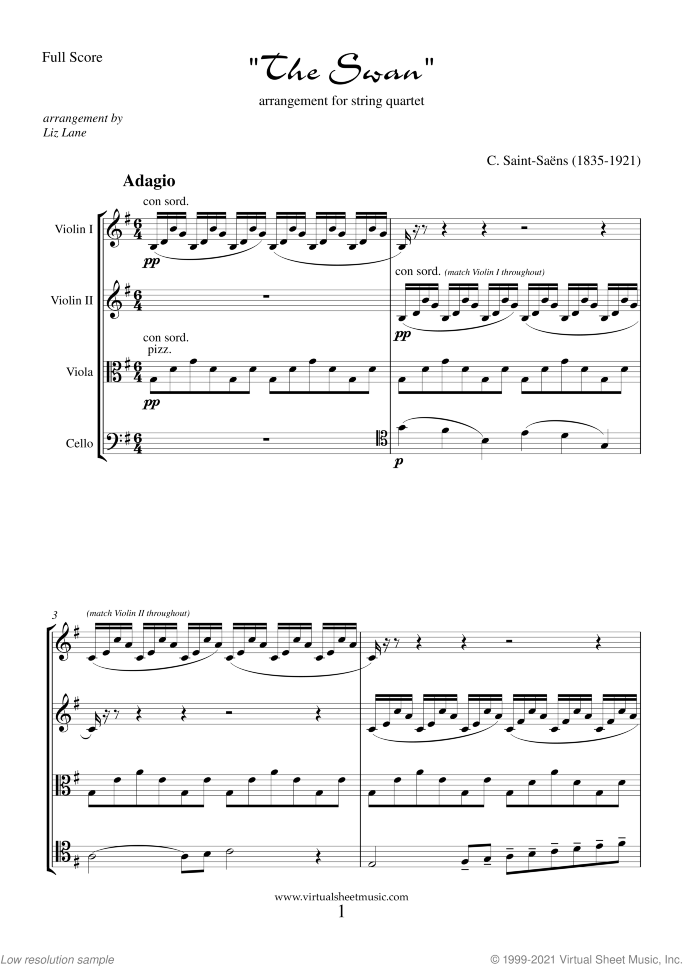 The Swan sheet music for string quartet by Camille Saint-Saens, classical score, intermediate skill level