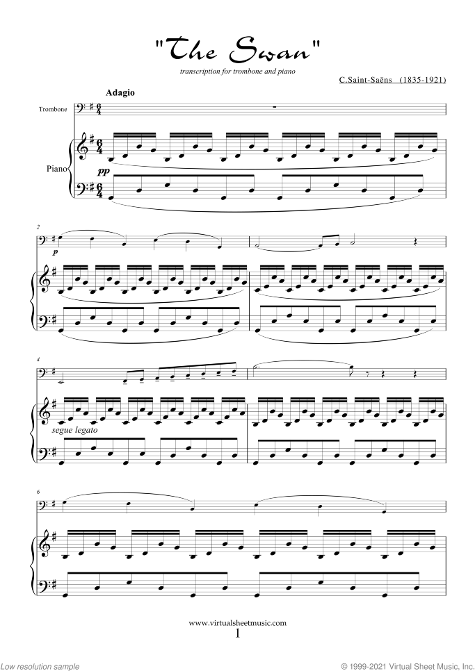 The Swan sheet music for trombone and piano by Camille Saint-Saens, classical score, easy/intermediate skill level