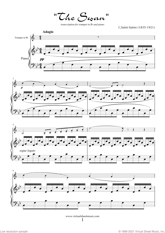The Swan sheet music for trumpet and piano by Camille Saint-Saens, classical score, easy/intermediate skill level