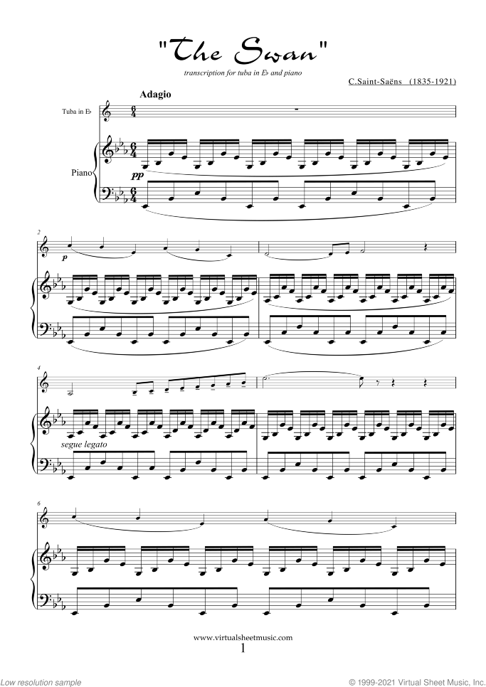 The Swan sheet music for tuba in Eb and piano by Camille Saint-Saens, classical score, easy/intermediate skill level