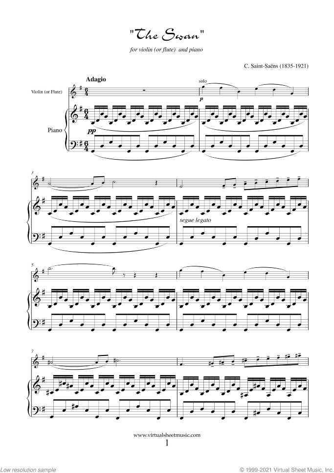 The Swan (NEW EDITION) sheet music for violin (or flute) and piano by Camille Saint-Saens, classical score, easy skill level