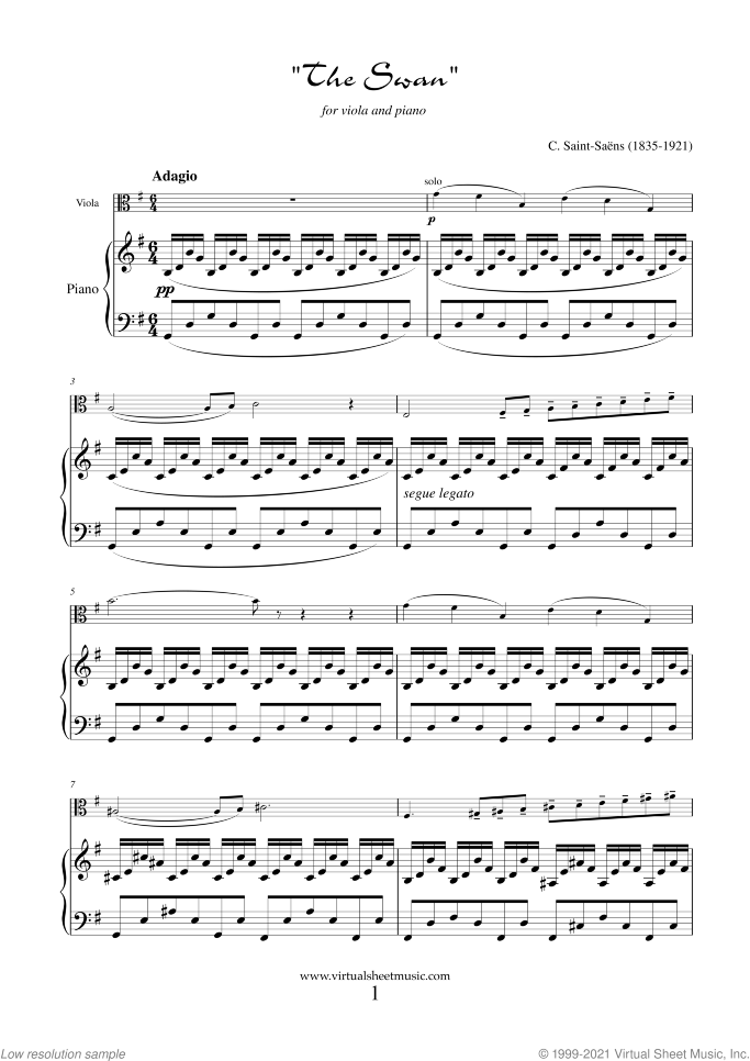 The Swan (NEW EDITION) sheet music for viola and piano by Camille Saint-Saens, classical score, easy skill level