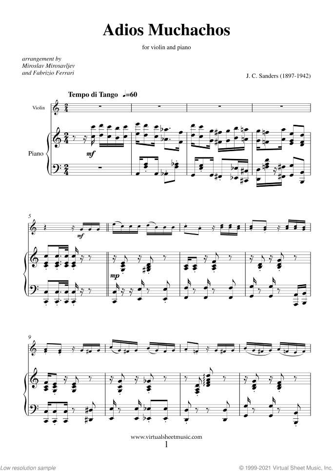 Adios Muchachos sheet music for violin and piano by Julio Cesar Sanders, wedding score, intermediate skill level