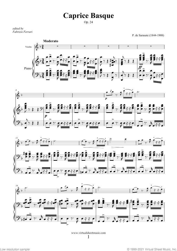 Caprice Basque Op.24 sheet music for violin and piano by Pablo De Sarasate, classical score, advanced skill level