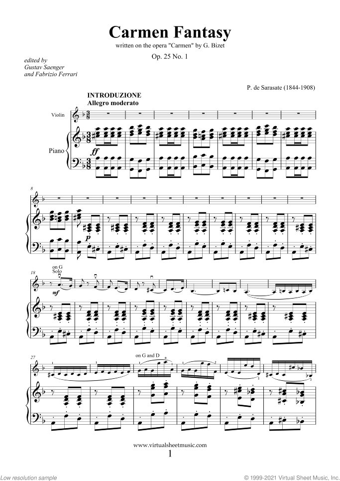 Carmen Fantasy sheet music for violin and piano by Pablo De Sarasate, classical score, advanced skill level