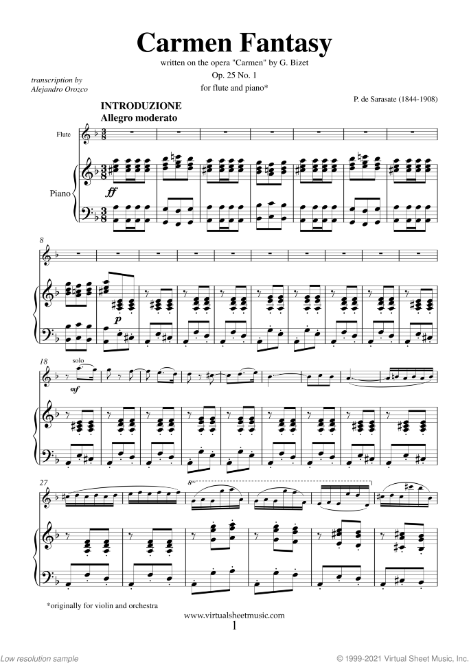 Carmen Fantasy sheet music for flute and piano by Pablo De Sarasate, classical score, advanced skill level
