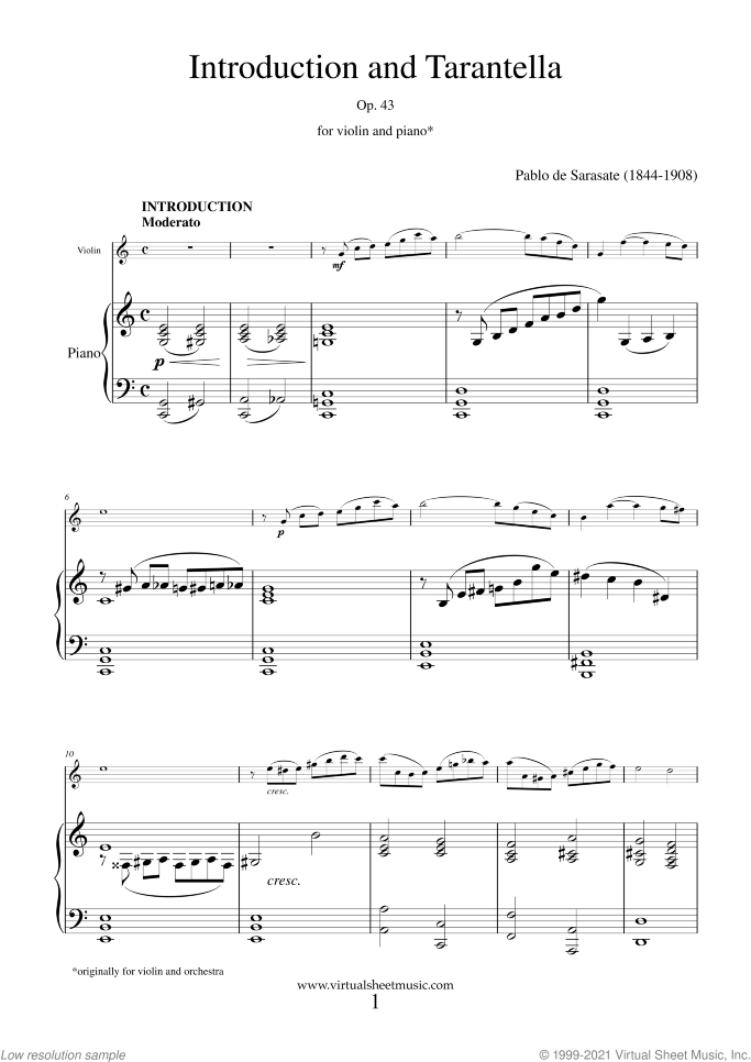 Introduction and Tarantella Op.43 sheet music for violin and piano by Pablo De Sarasate, classical score, advanced skill level