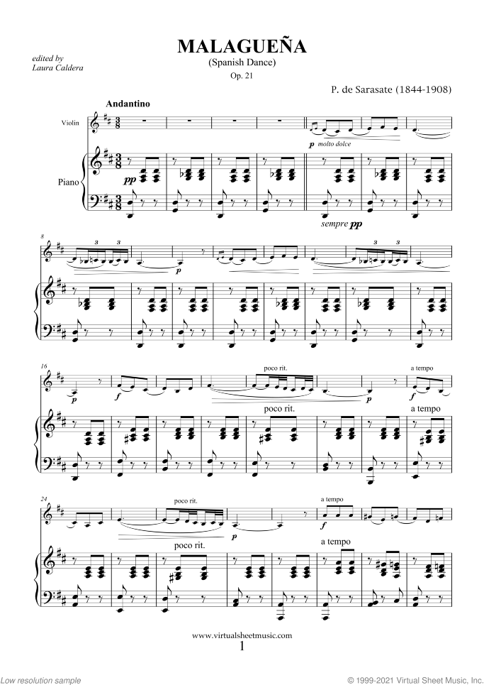 Malaguena spanish dance Op.21 sheet music for violin and piano by Pablo De Sarasate, classical score, advanced skill level