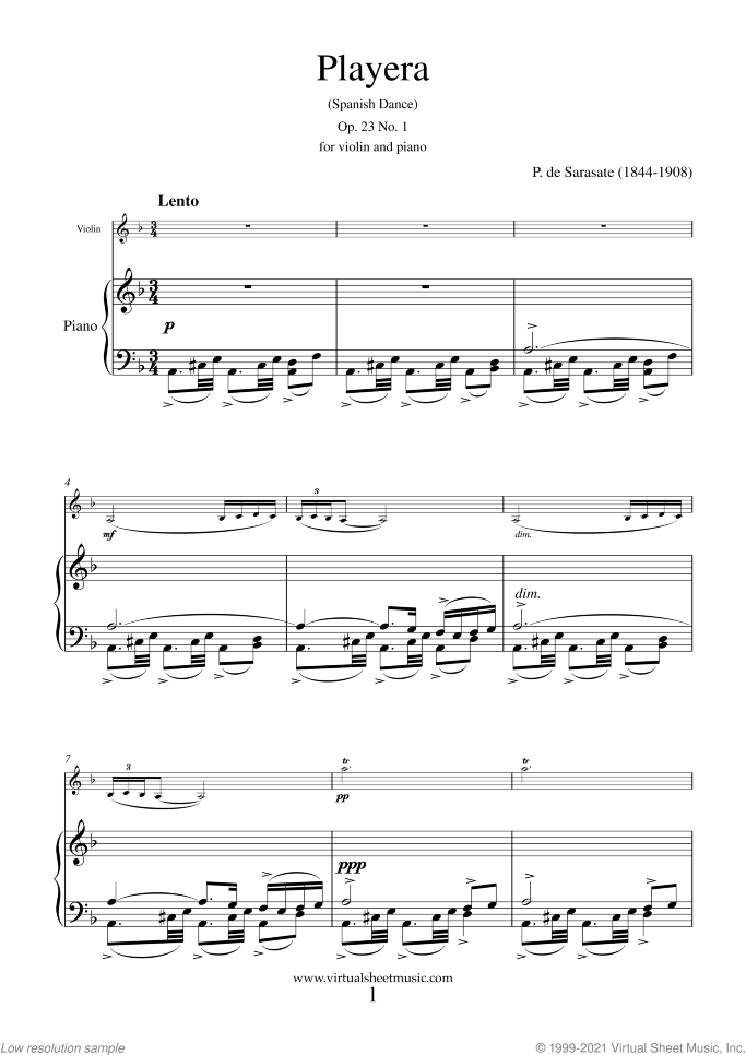 Playera (Spanish Dance) Op. 23 No. 1 sheet music for violin and piano by Pablo De Sarasate, classical score, advanced skill level