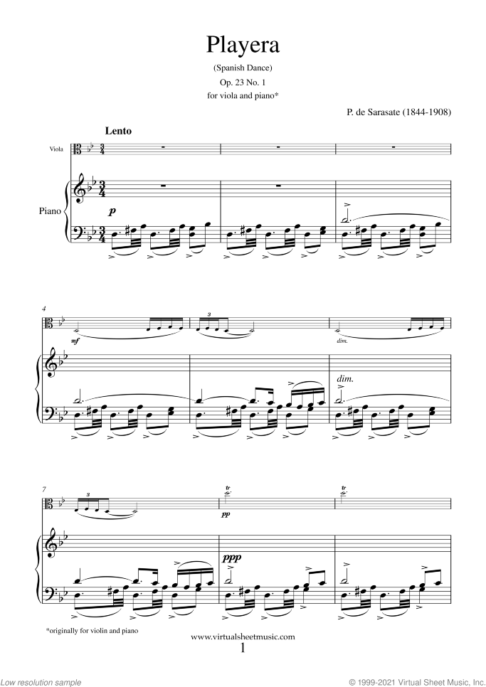Playera (Spanish Dance) Op. 23 No. 1 sheet music for viola and piano by Pablo De Sarasate, classical score, advanced skill level