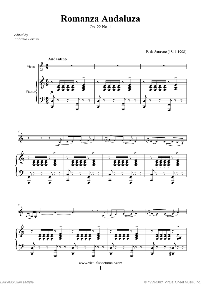 Romanza Andaluza sheet music for violin and piano by Pablo De Sarasate, classical score, advanced skill level