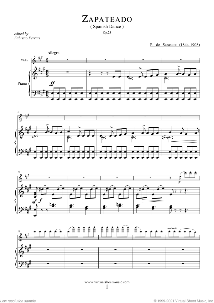 Zapateado sheet music for violin and piano by Pablo De Sarasate, classical score, advanced skill level
