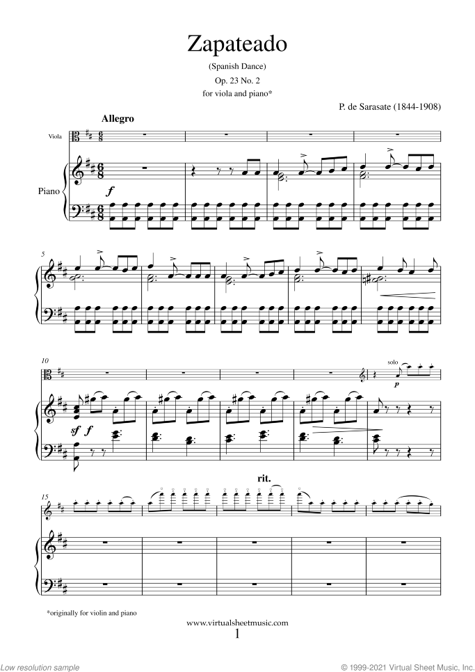 Zapateado sheet music for viola and piano by Pablo De Sarasate, classical score, advanced skill level