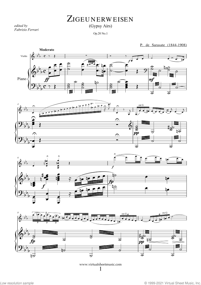 Zigeunerweisen sheet music for violin and piano by Pablo De Sarasate, classical score, advanced skill level