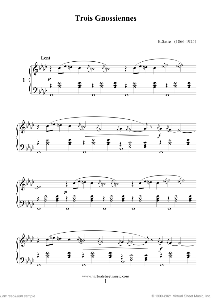 Trois Gnossiennes sheet music for piano solo by Erik Satie, classical score, easy/intermediate skill level