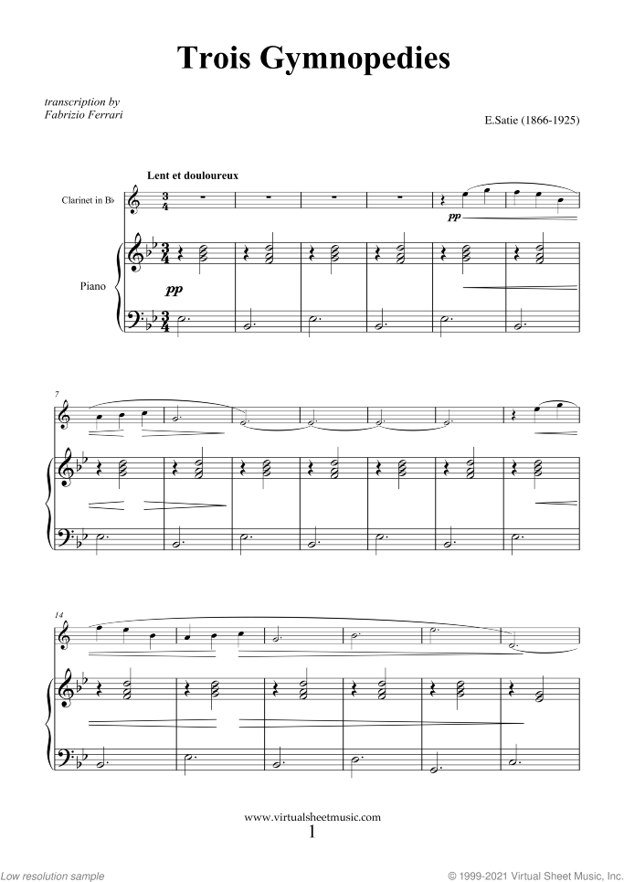 Trois Gymnopedies sheet music for clarinet and piano by Erik Satie, classical score, easy/intermediate skill level