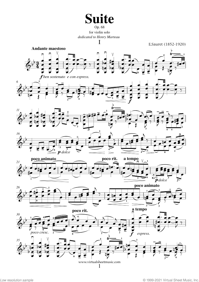 Suite Op.68 sheet music for violin solo by Emile Sauret, classical score, advanced skill level