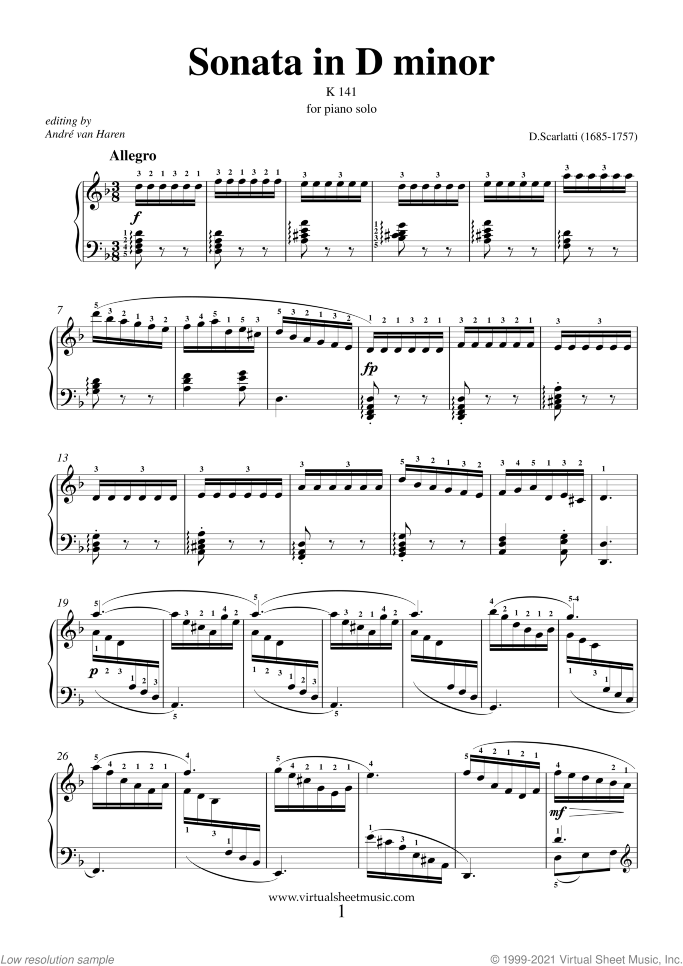 Sonata in D minor K 141 sheet music for piano solo (or harpsichord) by Domenico Scarlatti, classical score, easy/intermediate piano (or harpsichord)