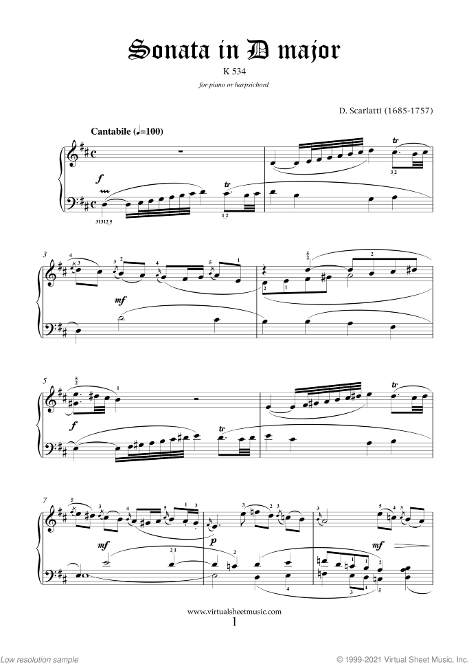 Sonata in D major K 534 sheet music for piano solo (or harpsichord) by Domenico Scarlatti, classical score, easy/intermediate piano (or harpsichord)