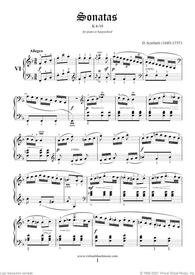 Sonatas K 6-10 sheet music for piano solo (or harpsichord) by Domenico Scarlatti, classical score, easy/intermediate piano (or harpsichord)