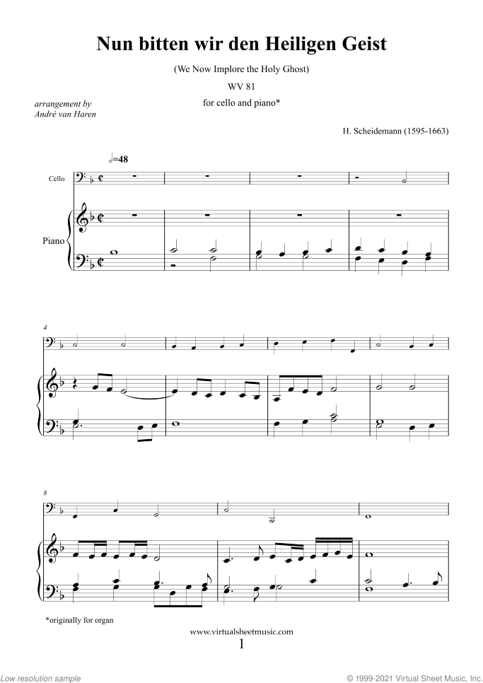 Nun bitten wir den Heiligen Geist sheet music for cello and piano by Heinrich Scheidemann, classical score, advanced skill level