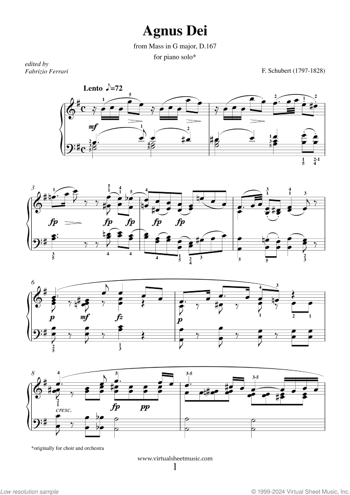 Agnus Dei from Mass D.167 sheet music for piano solo by Franz Schubert, classical wedding score, intermediate/advanced skill level