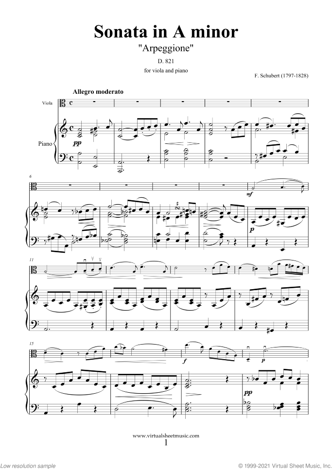Sonata in A minor "Arpeggione" sheet music for viola and piano by Franz Schubert, classical score, advanced skill level